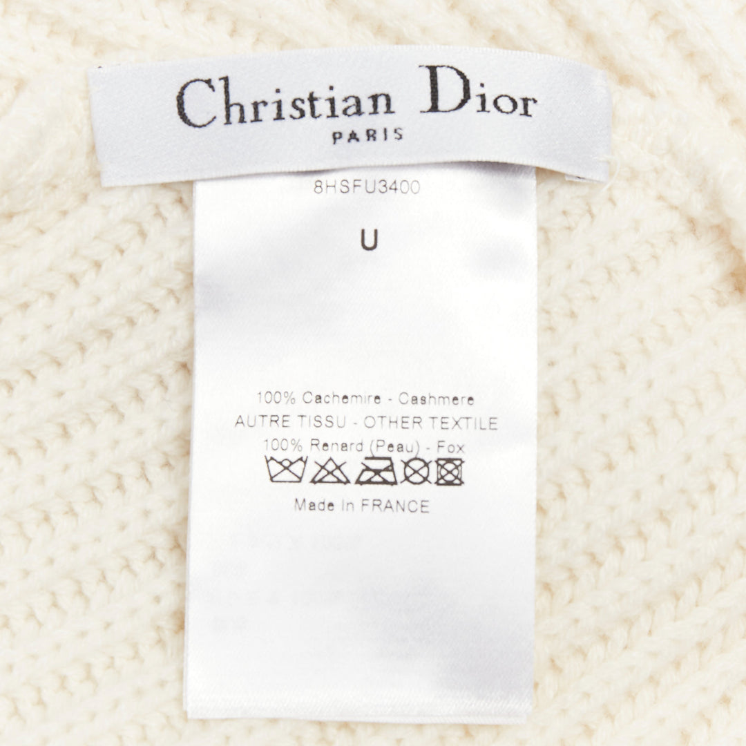 CHRISTIAN DIOR cream 100% cashmere rare real fur trim hooded winter shawl scarf