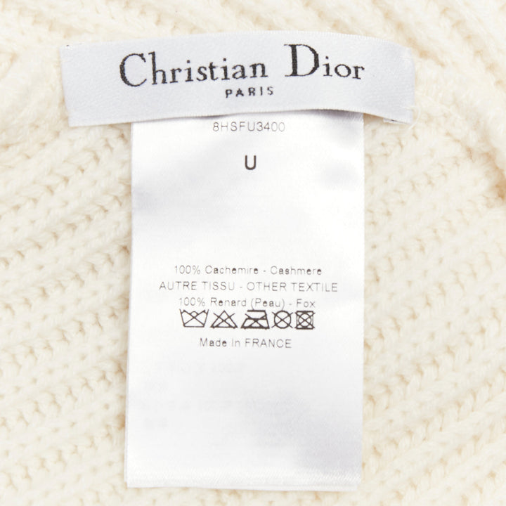 CHRISTIAN DIOR cream 100% cashmere rare real fur trim hooded winter shawl scarf