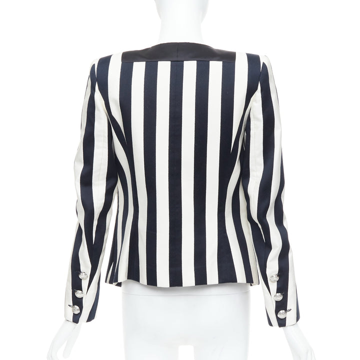 BALMAIN black white cotton blend bold striped power shoulder blazer FR38 M