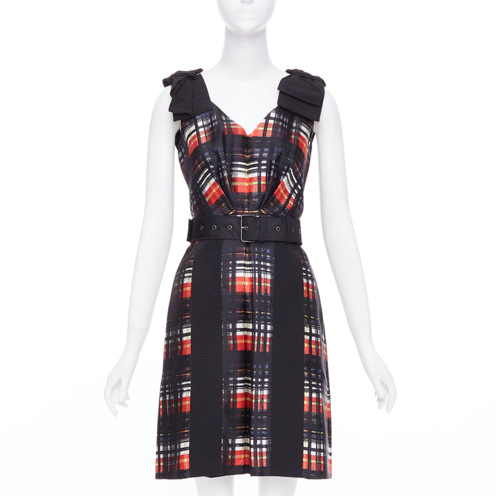 PRADA 2015 Runway Vampire black red wool silk bow shoulder belted dress IT38 XS