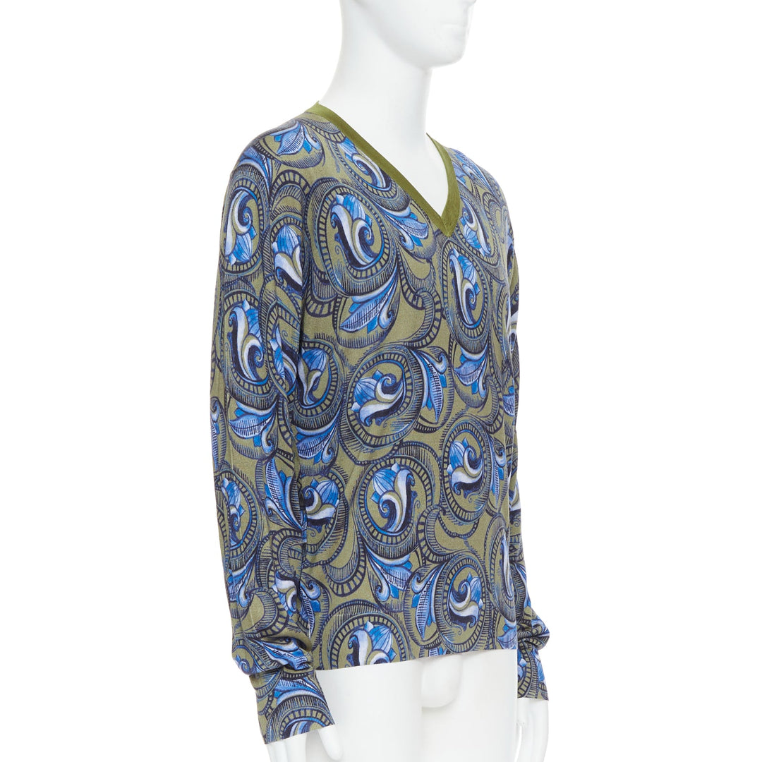 VERSACE green khaki blue baroque print V neck sweater IT52 XL