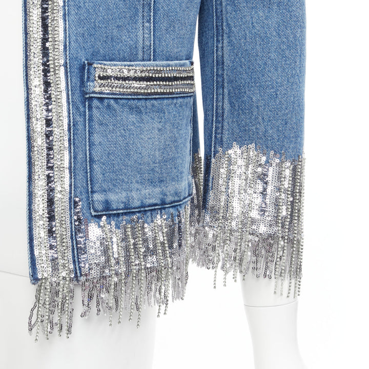 BALMAIN blue washed cotton denim silver crystal embellished trim jacket FR36 S