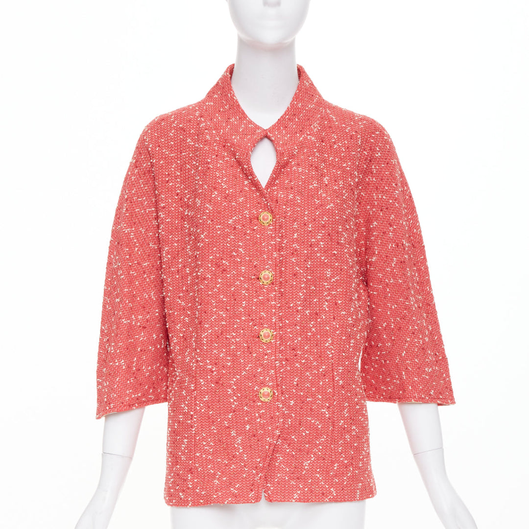 ST JOHN COUTURE light red textured boucle tweed gold button jacket US14 3XL