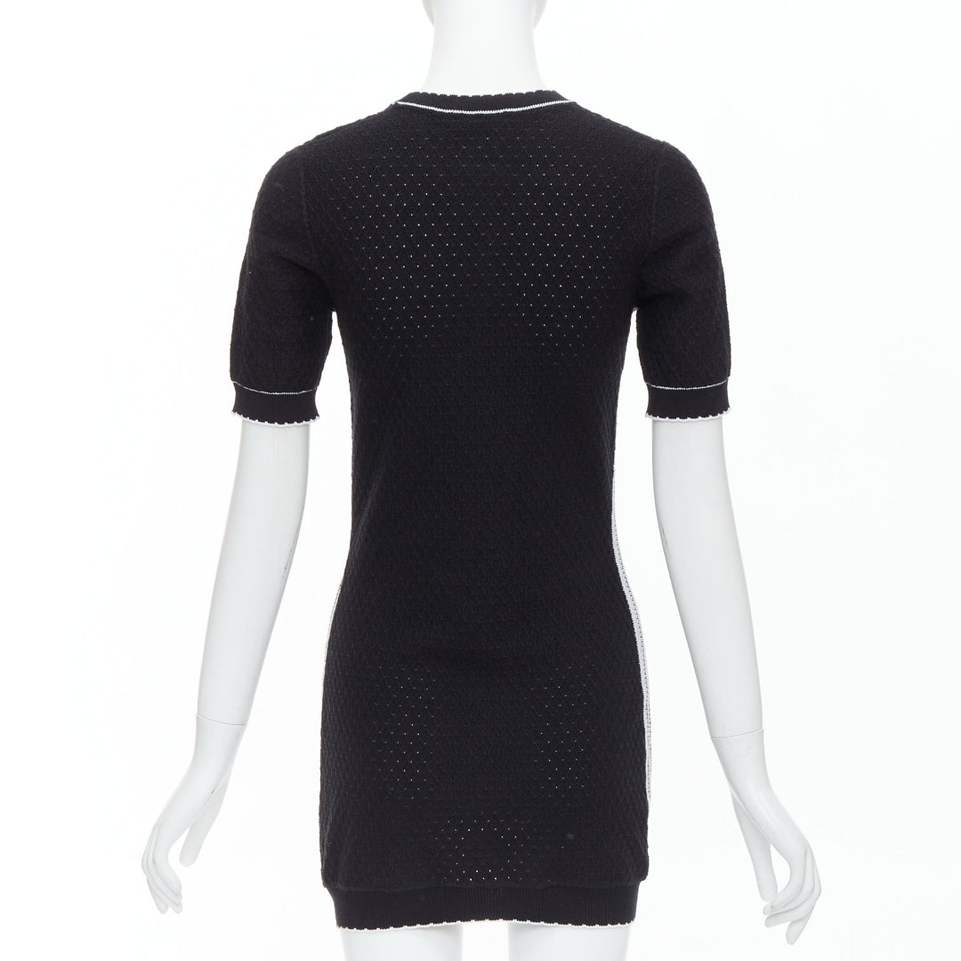 CHANEL 23C black cotton CC No.5 bead broderie pointelle dress FR34 XS