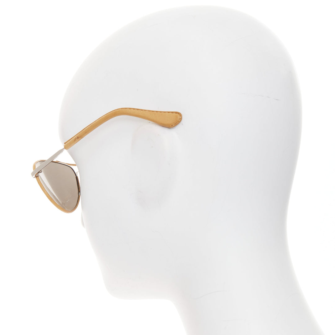 LINDA FARROW Veronique Branquinho tan leather trim aviators pilot sunglasses