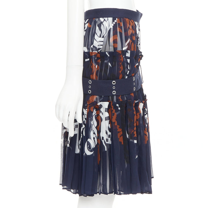 SACAI 2016 navy orange white printed pleated cotton eyelet belt skirt JP1 S