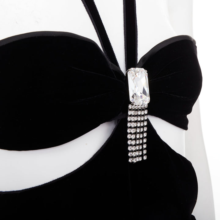 SAINT LAURENT 2022 Runway black velvet crystal cut out romper playsuit FR36 S