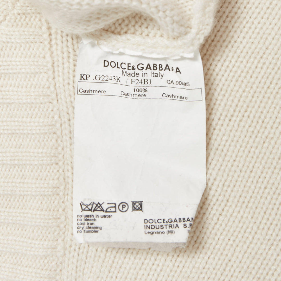 DOLCE GABBANA cream cashmere gold varsity badge v-neck sweater IT46 S