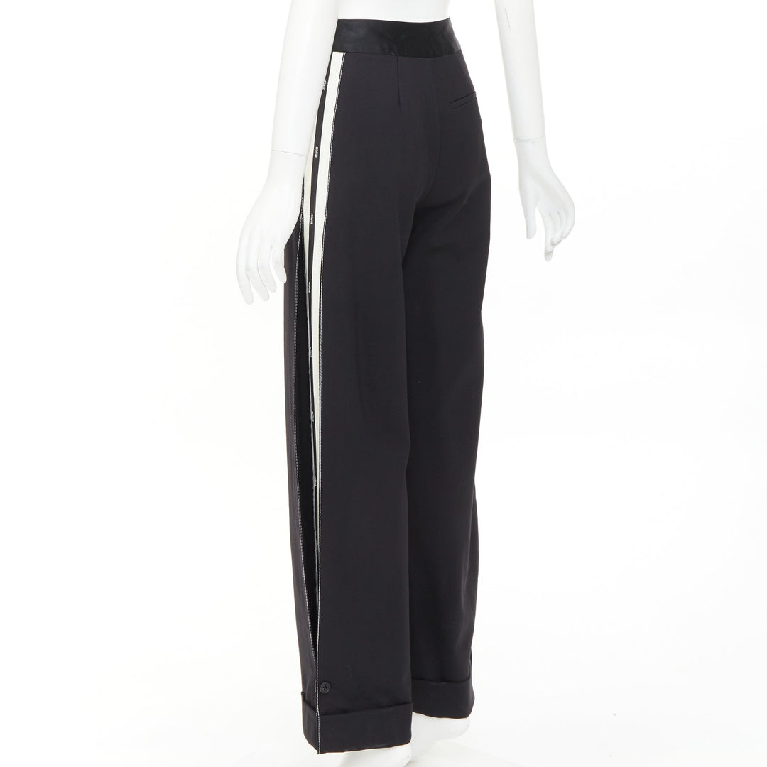 MONSE black virgin wool cream cotton twill logo trim wide leg pants US2 S