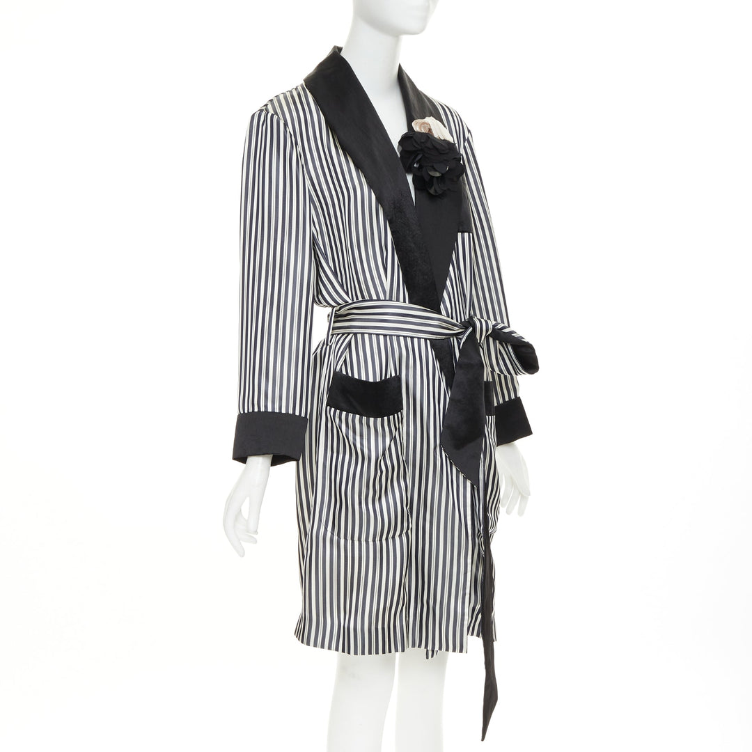 LANVIN grey black striped viscose floral applique belted robe outerwear FR34 XS