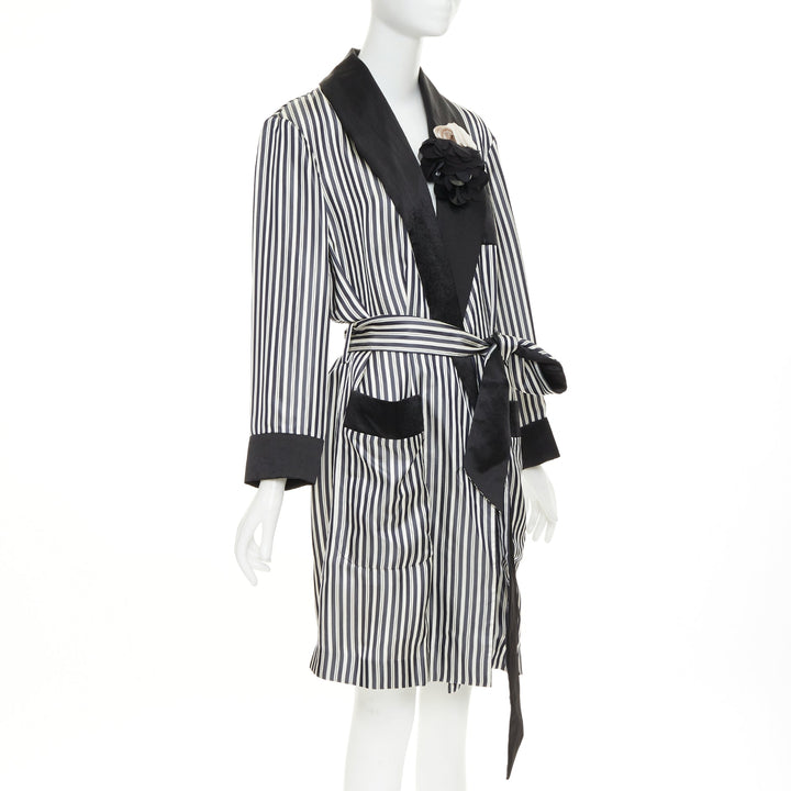 LANVIN grey black striped viscose floral applique belted robe outerwear FR34 XS