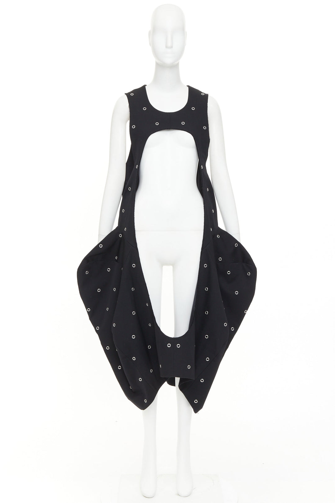 rare COMME DES GARCONS 2019 Runway wool silver grommet cut out pannier dress S