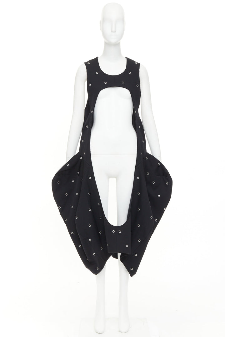 rare COMME DES GARCONS 2019 Runway wool silver grommet cut out pannier dress S