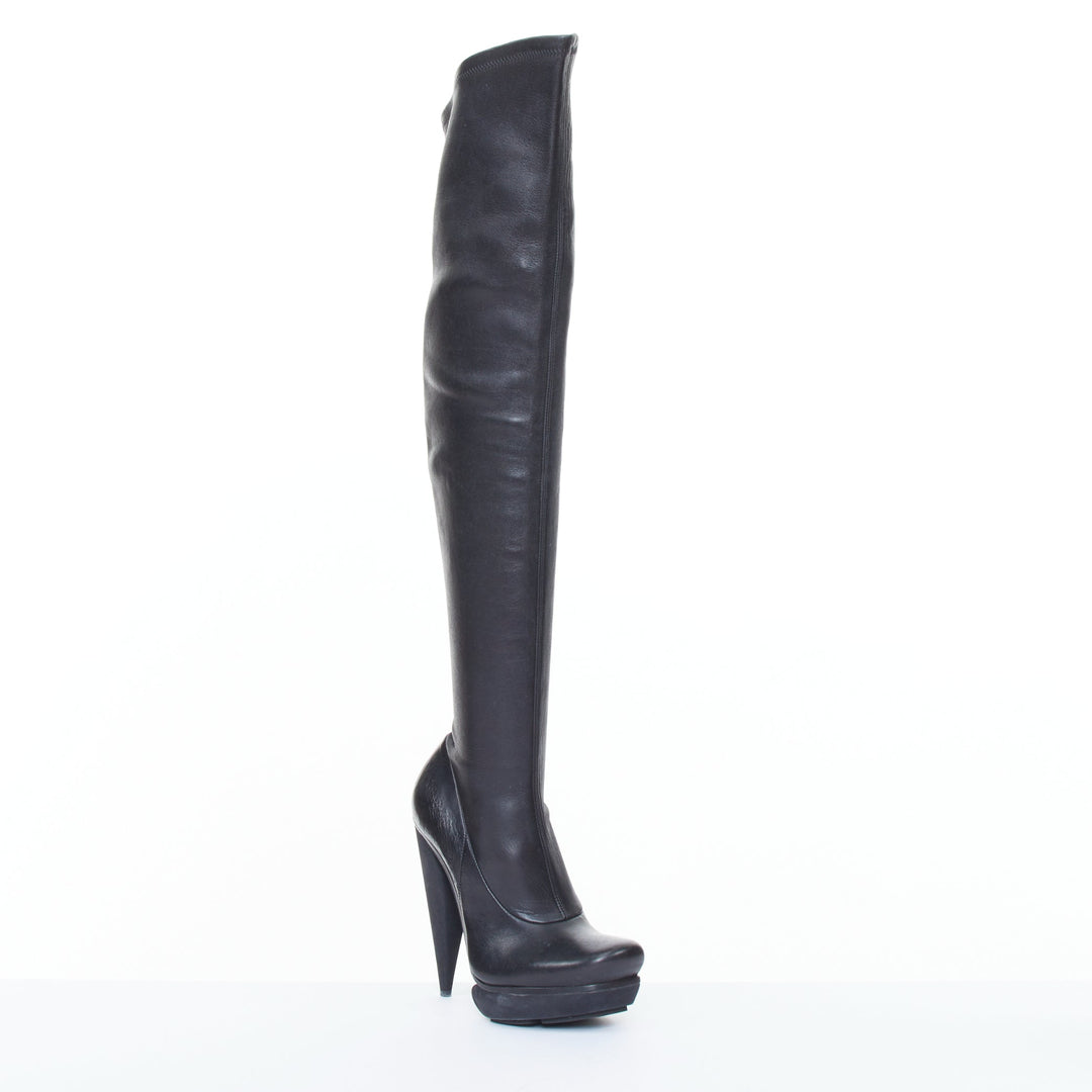 BALENCIAGA 2008 Runway smooth black leather horn cone heel platform boots EU37.5