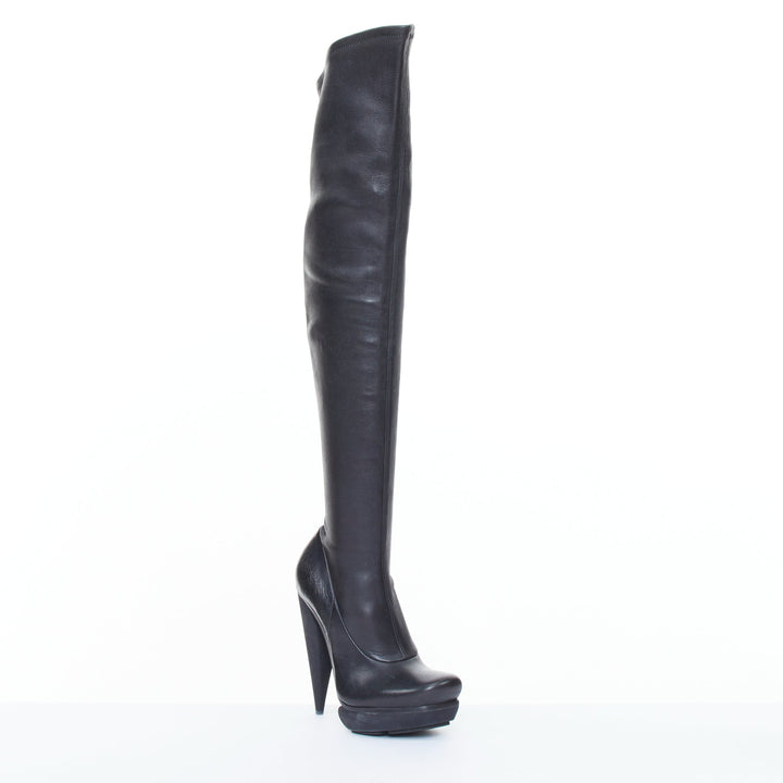 BALENCIAGA 2008 Runway smooth black leather horn cone heel platform boots EU37.5