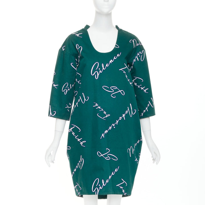 JIL SANDER green white cotton italic words graphic print cocoon dress FR32 XXS