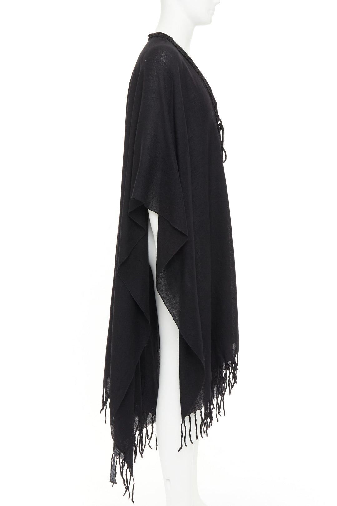 SAINT LAURENT 2016 Runway Hedi Slimane black wool fringed tassel tie cape poncho