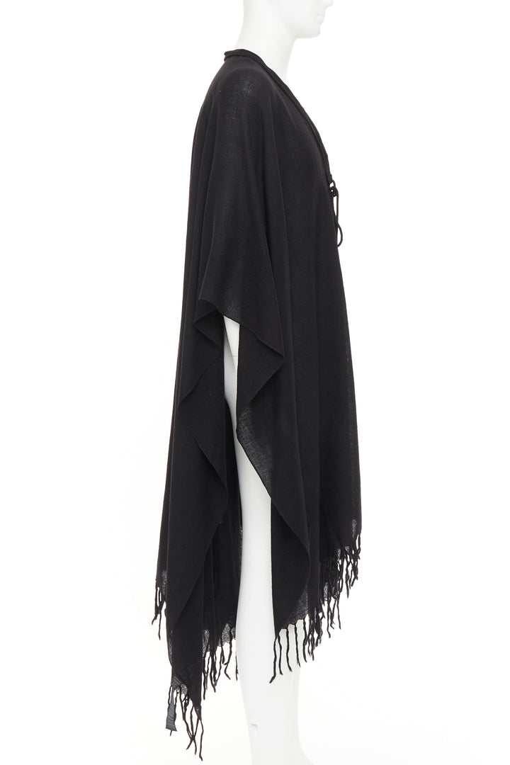 SAINT LAURENT 2016 Runway Hedi Slimane black wool fringed tassel tie cape poncho