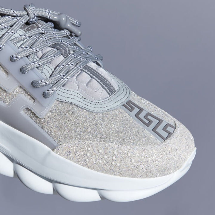VERSACE Chain Reaction Reflective Silver Crystal Rhinestone sneaker EU41 US8