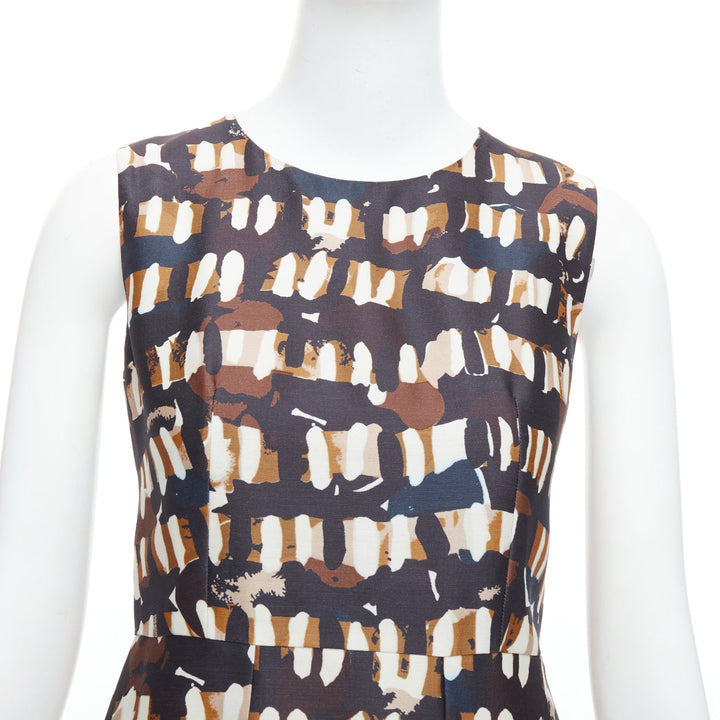 MARNI brown black wool silk abstract print fit flare dress IT38 XS