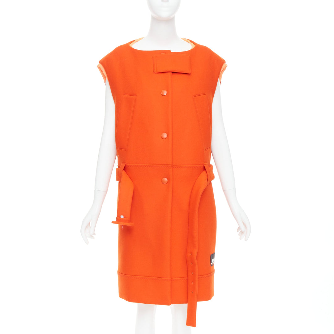 rare PRADA 2018 Runway orange virgin wool belted puffer lined long vest IT38 XS