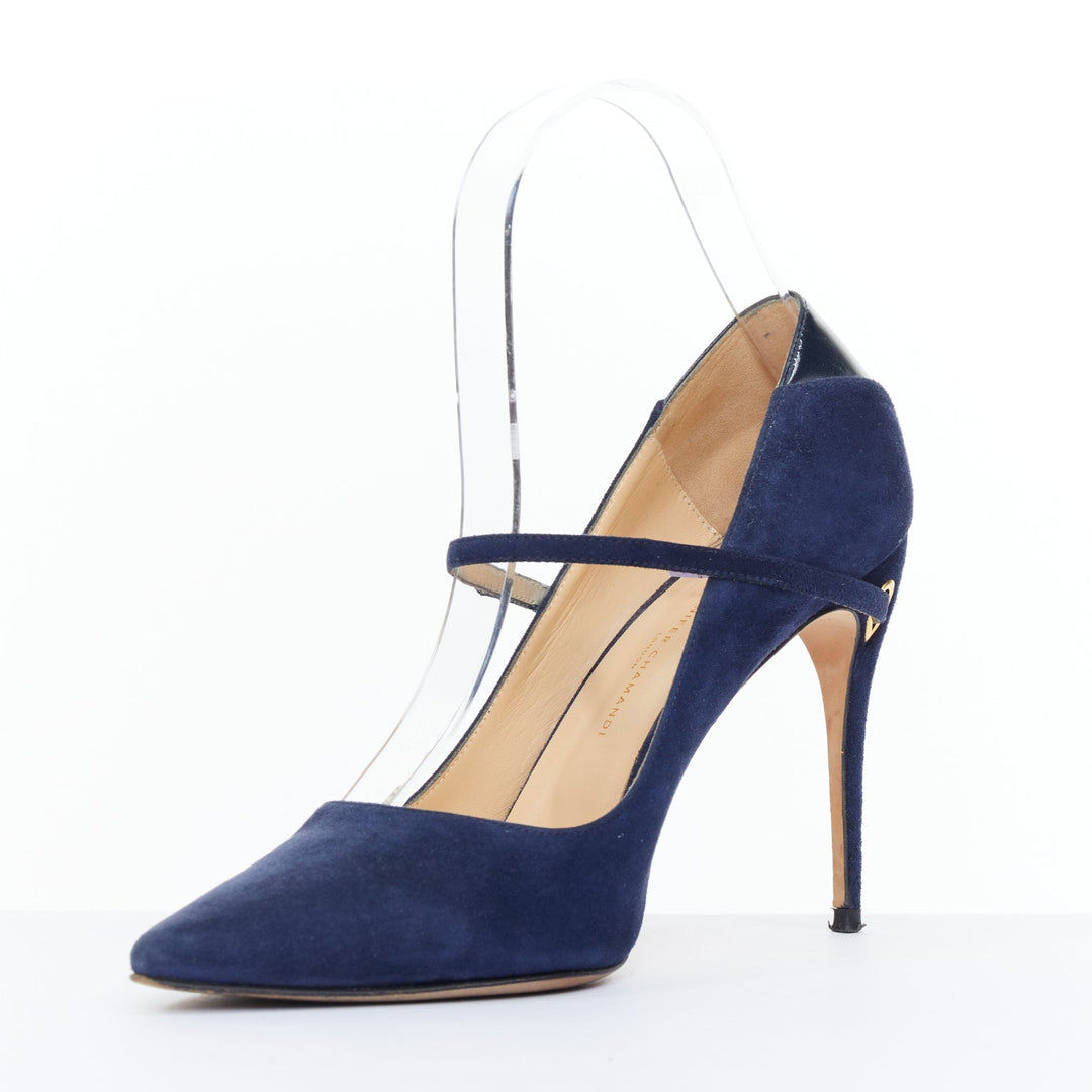 JENNIFER CHAMANDI Lorenzo 105 navy blue suede eye of needle stiletto pump EU36.5