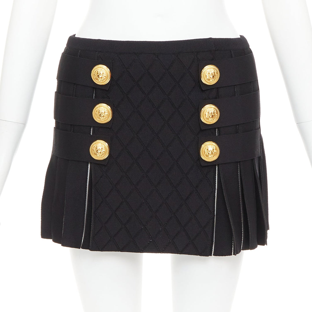 BALMAIN black gold lion buttons diamond grid knit pleated mini skirt FR34 XS