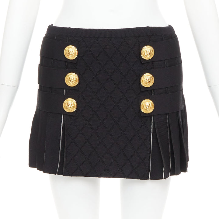 BALMAIN black gold lion buttons diamond grid knit pleated mini skirt FR34 XS