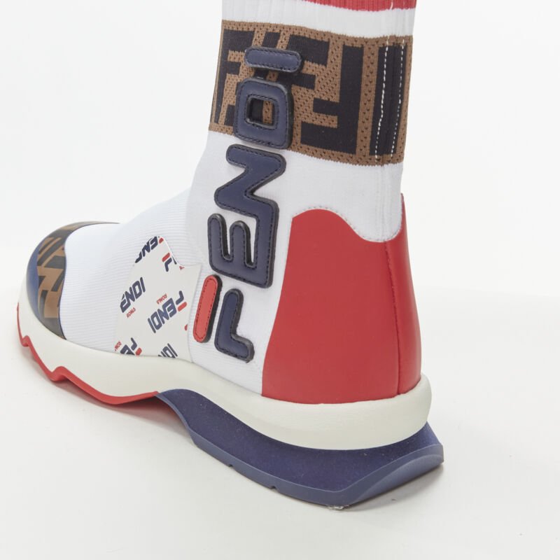 FENDI FILA Mania white logo lettering Zucca FF sock knit high top sneaker EU35