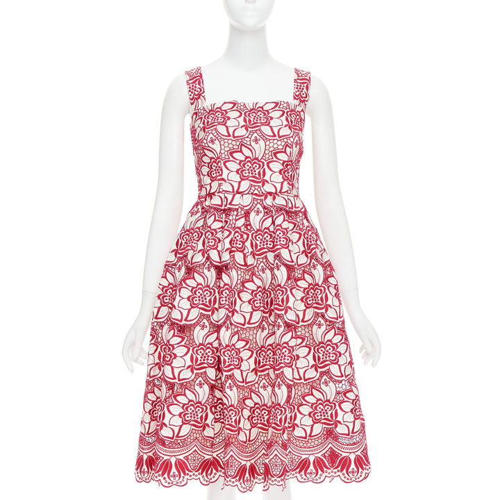 DOLCE GABBANA 2021 red cream floral embroidery anglais flared sun dress IT38 XS