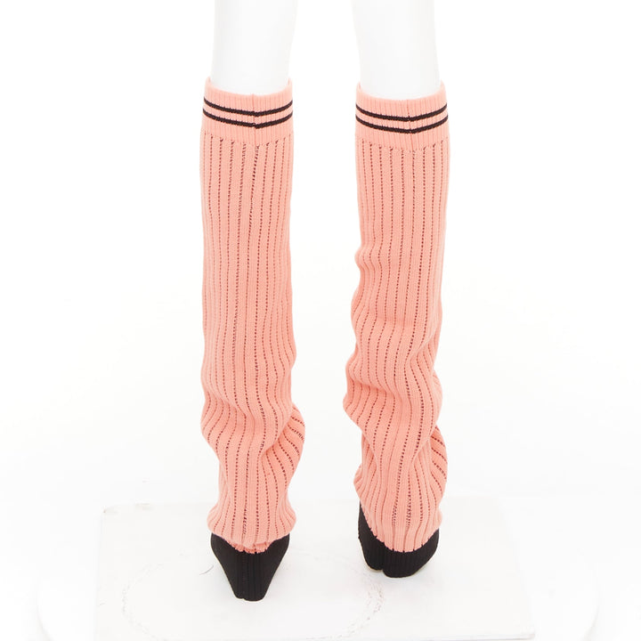 CHANEL 24C Runway CC logo pink black ribbed knit striped trim leg warmers OS