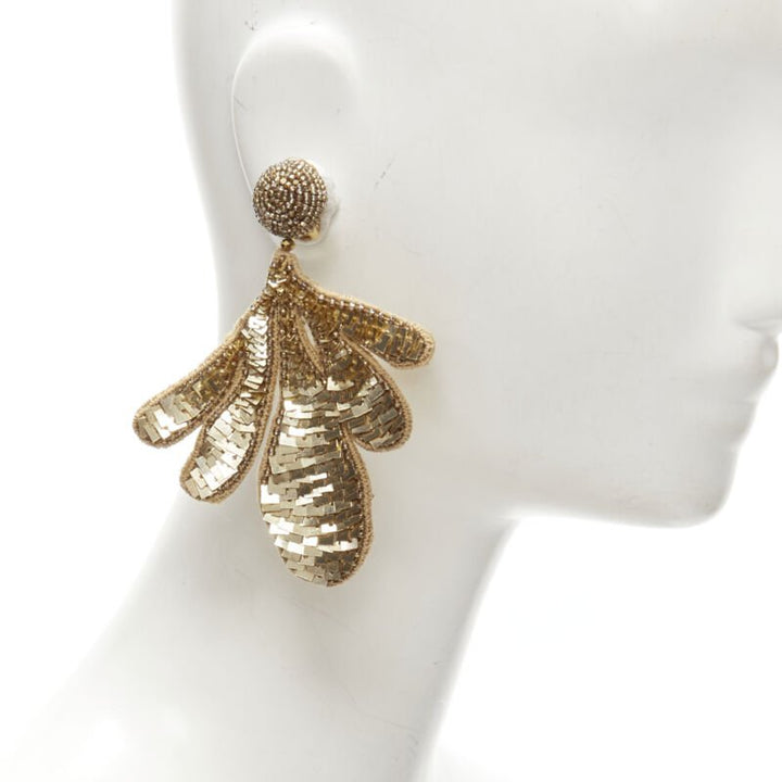 OSCAR DE LA RENTA gold sequin bead embellished leaf statement earring