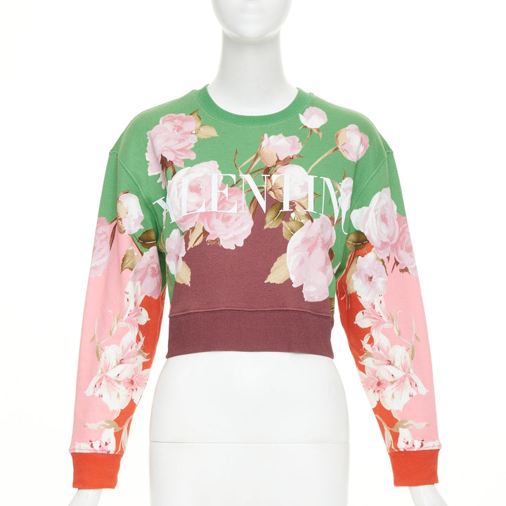 VALENTINO 2021 Flying Flowers logo colorblock cotton crop sweatshirt XS
