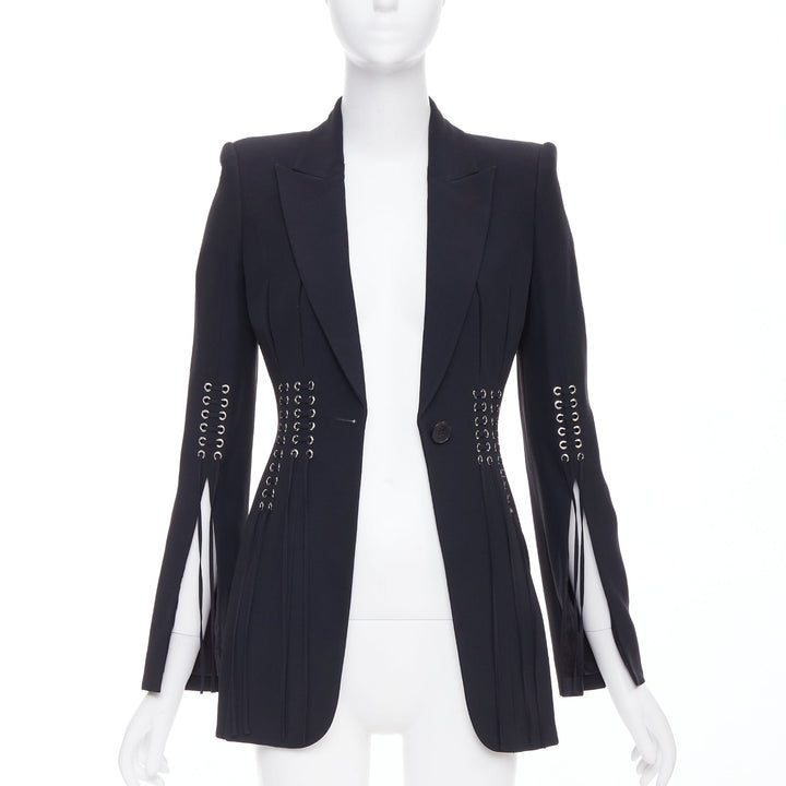 ALEXANDER MCQUEEN 2018 black eyelet lacing detail fitted blazer IT38 XS