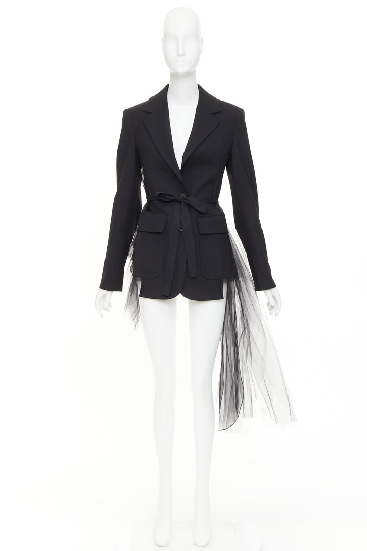 MONSE black virgin wool sheer tulle asymmetric back hybrid blazer jacket US0 XS