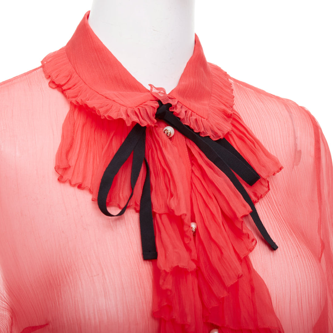 GUCCI coral red sheer chiffon GG pearl black pussybow ruffle blouse IT42 M