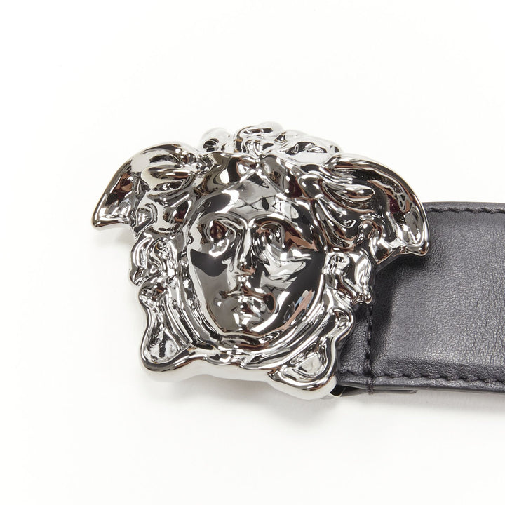 VERSACE La Medusa ruthenium silver buckle black leather belt 115cm 44-48"