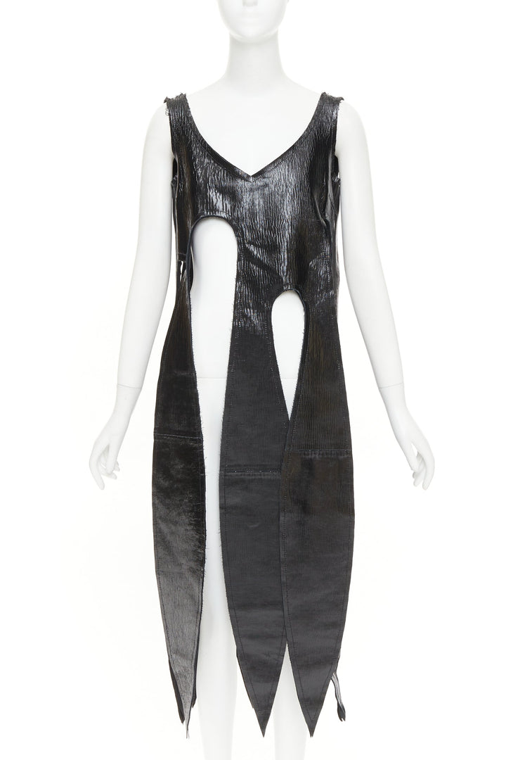 rare COMME DES GARCONS 2019 black textured cowhide leather fringed petal top XS