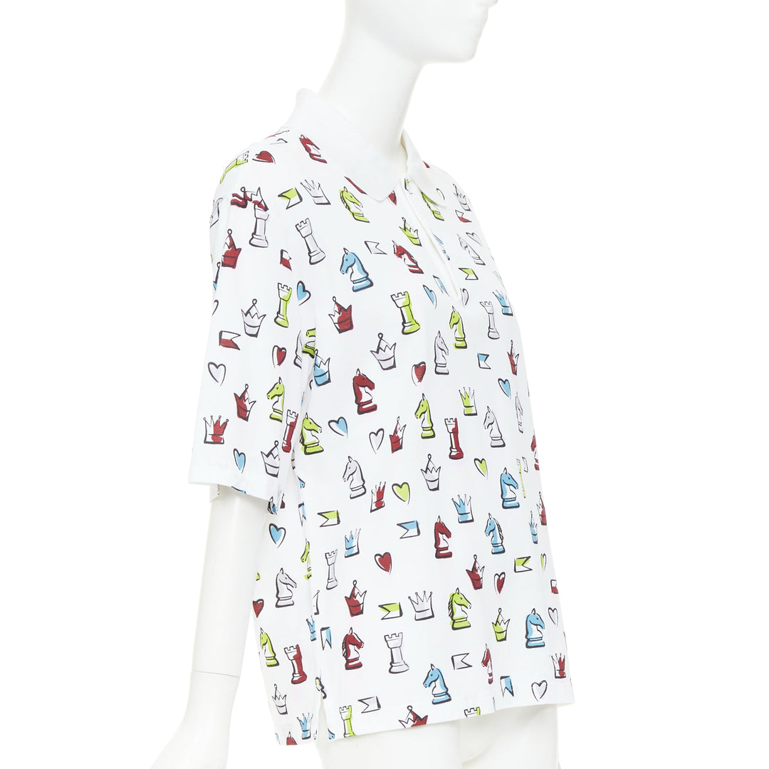 HERMES 2022 white multicolor animal chess print playgrounds cotton polo shirt S