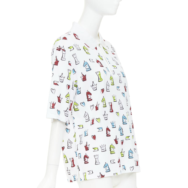 HERMES 2022 white multicolor animal chess print playgrounds cotton polo shirt S