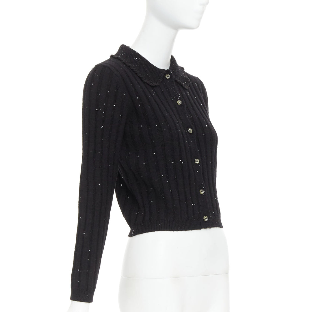 SHUSHU TONG black sequins wool cotton blend logo crop cardigan UK6 XS