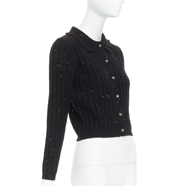 SHUSHU TONG black sequins wool cotton blend logo crop cardigan UK6 XS