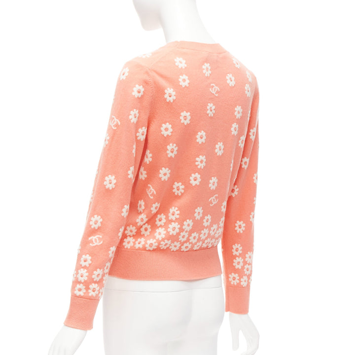 CHANEL 22P peach cashmere blend floral CC knitted pullover sweater FR34