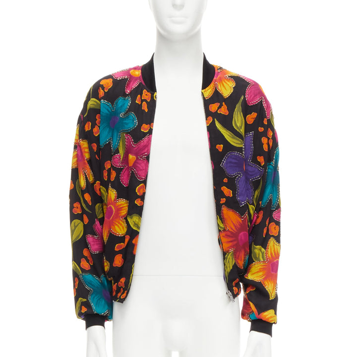 SAINT LAURENT 2021 Teddy floral crepe embellished bomber jacket FR44 XS