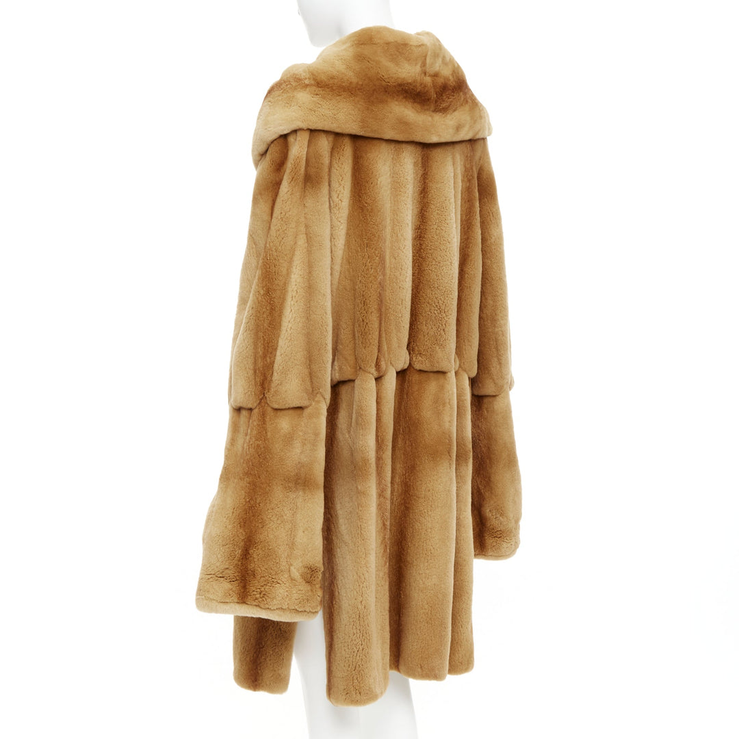 NO BRAND tan brown fur rounded shawl collar statement button long coat