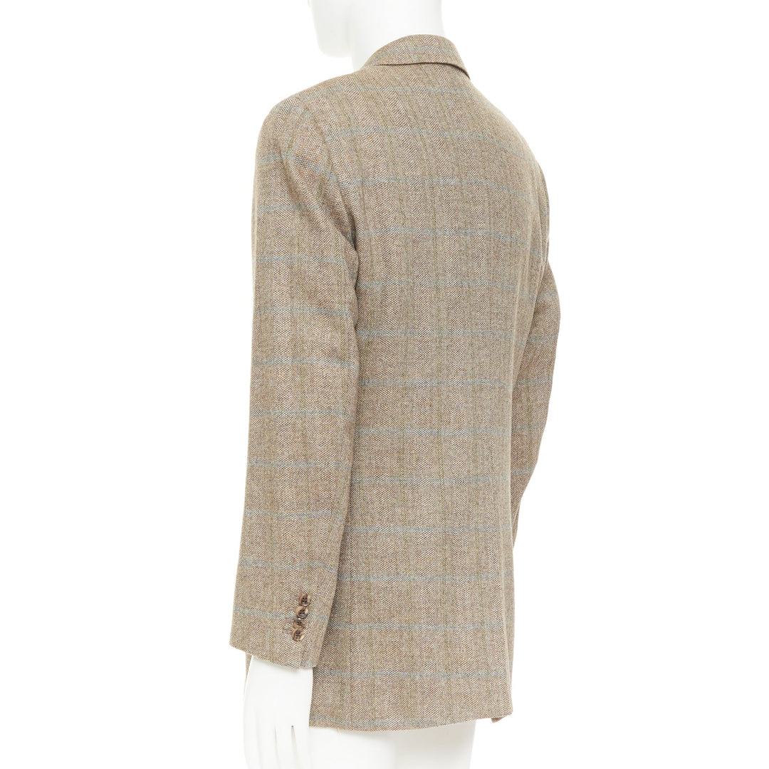 HERMES brown blue wool mohair cashmere checked full canvas blazer EU50 L