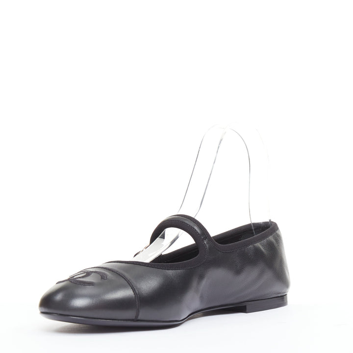 CHANEL 2024 black soft lambskin leather stitched CC cap toe mary jane flats EU39