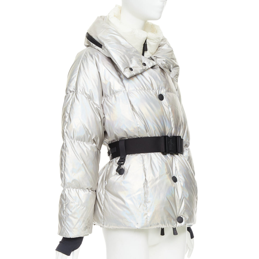 MONCLER Ollignan holographic silver duo collar belted puffer ski  jacket Sz.0 XS