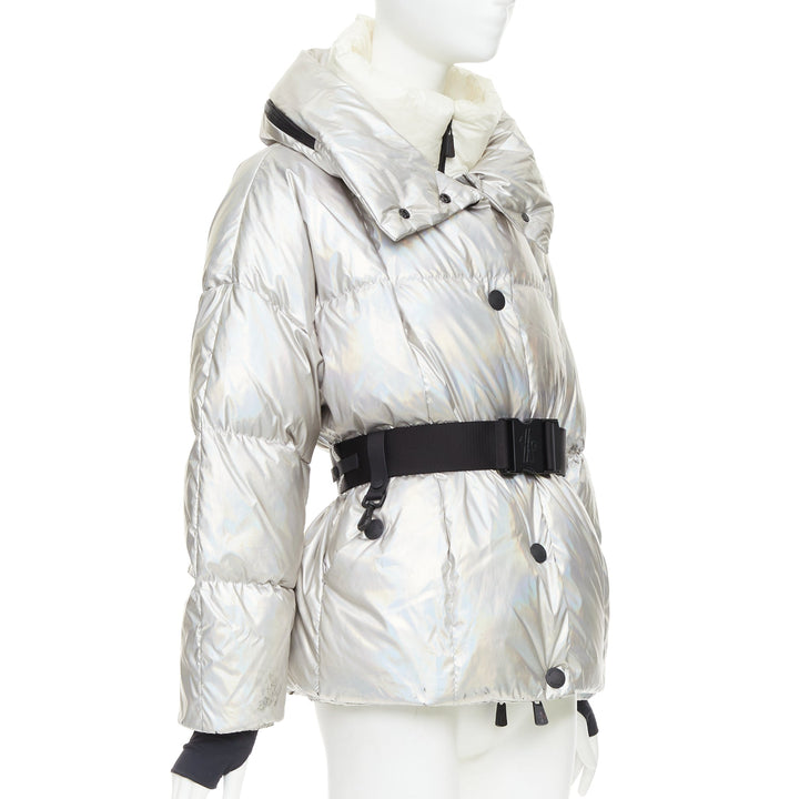 MONCLER Ollignan holographic silver duo collar belted puffer ski  jacket Sz.0 XS