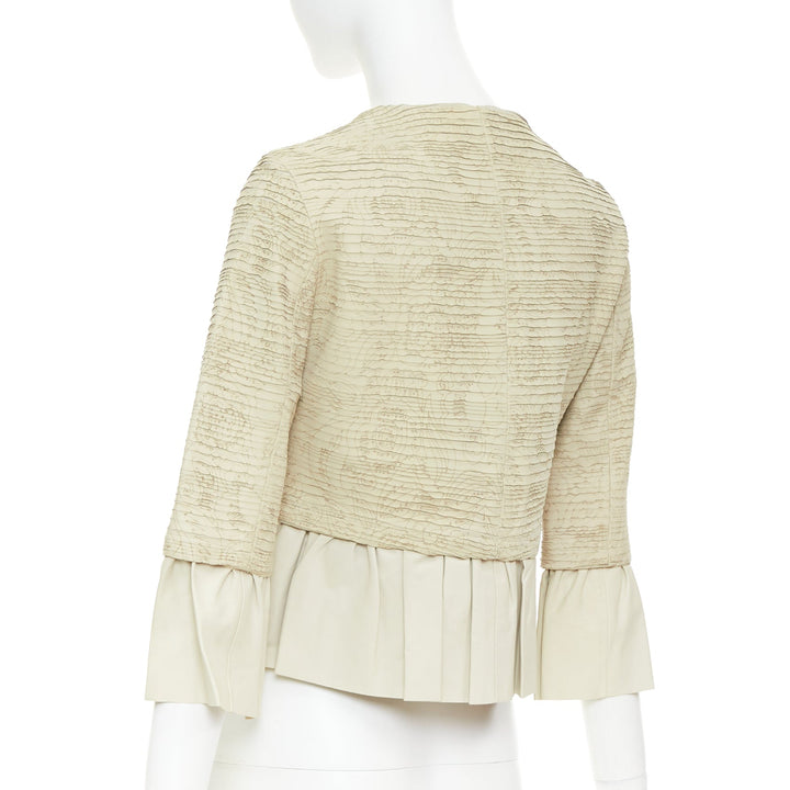 VALENTINO beige lambskin leather floral tiered laser cut ruffle jacket IT40 S